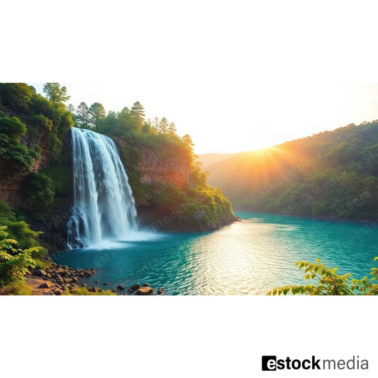 A stunning waterfall flowing into a turquoise lagoon, surrounded by green trees, with sunlight shining through the mountains in the background.