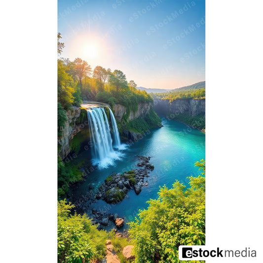 A beautiful waterfall cascading into a clear lagoon, surrounded by green trees and rocky terrain, with the sun shining brightly in the blue sky above.
