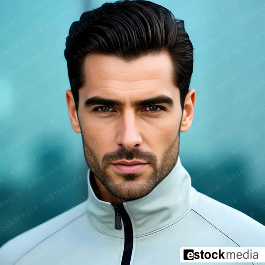 Dynamic athletic jacket in soft teal background, professional fashion photography.
