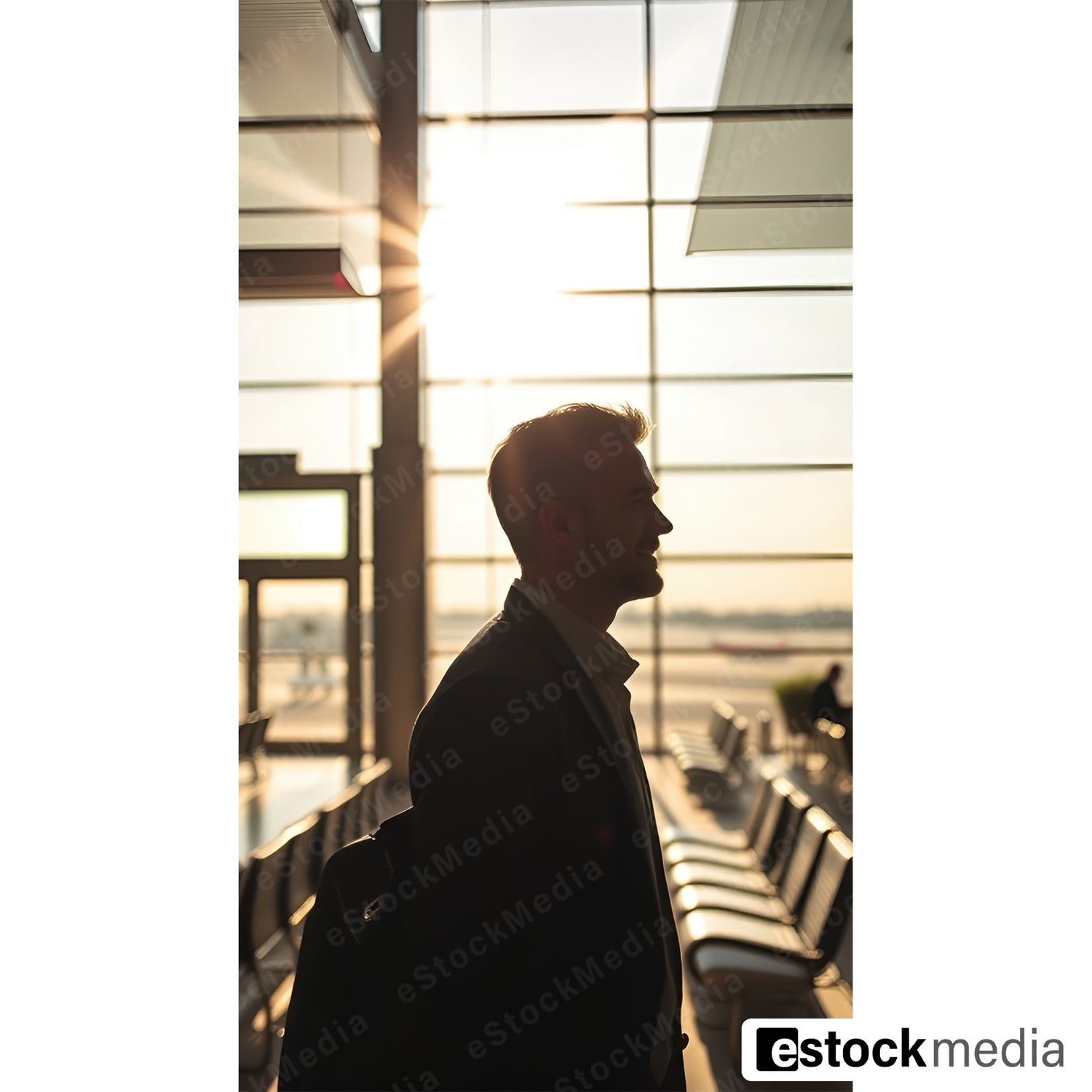 Silhouette of a businessman standing at an airport departure gate, backlit by golden sunset light through floor-to-ceiling windows