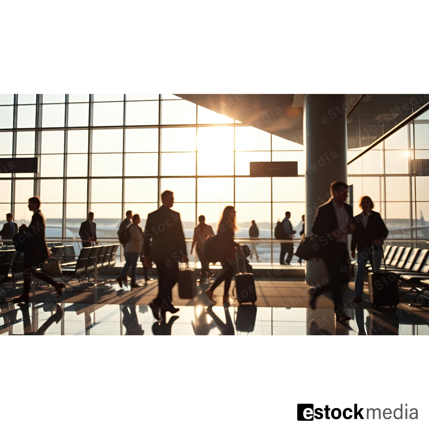 Busy modern airport terminal with dozens of silhouetted travelers pulling rolling suitcases across gleaming marble floor backlit by brilliant golden sunrise light through floor-to-ceiling panoramic windows with aircraft visible on tarmac