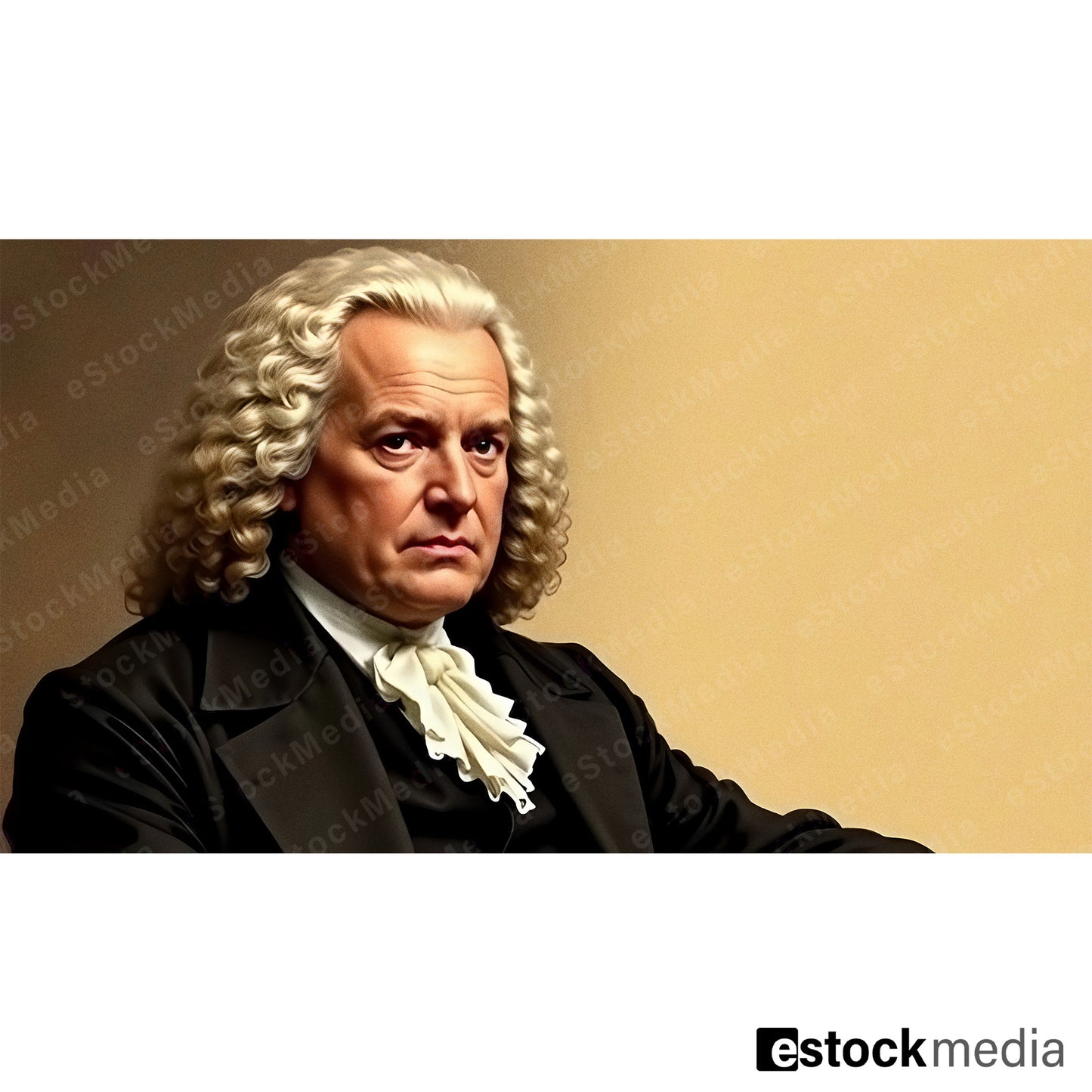 Realistic portrait of Bach-like baroque composer with long white curly wig, penetrating gaze, black formal coat and white lace jabot on warm golden-beige background
