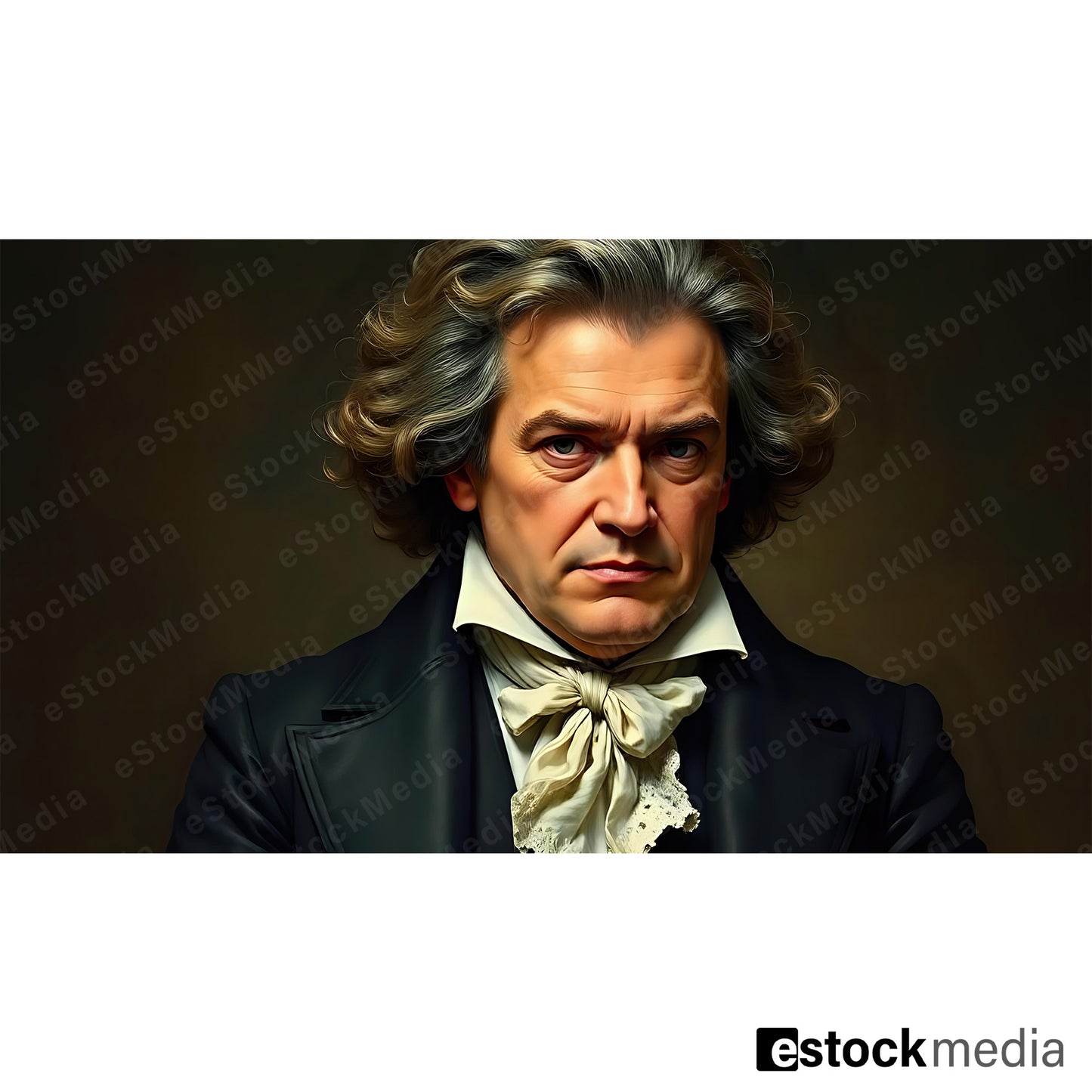 Dramatic oil painting portrait of Beethoven-like classical composer with wild wavy grey-brown hair, intense brooding gaze and white lace cravat on dark background