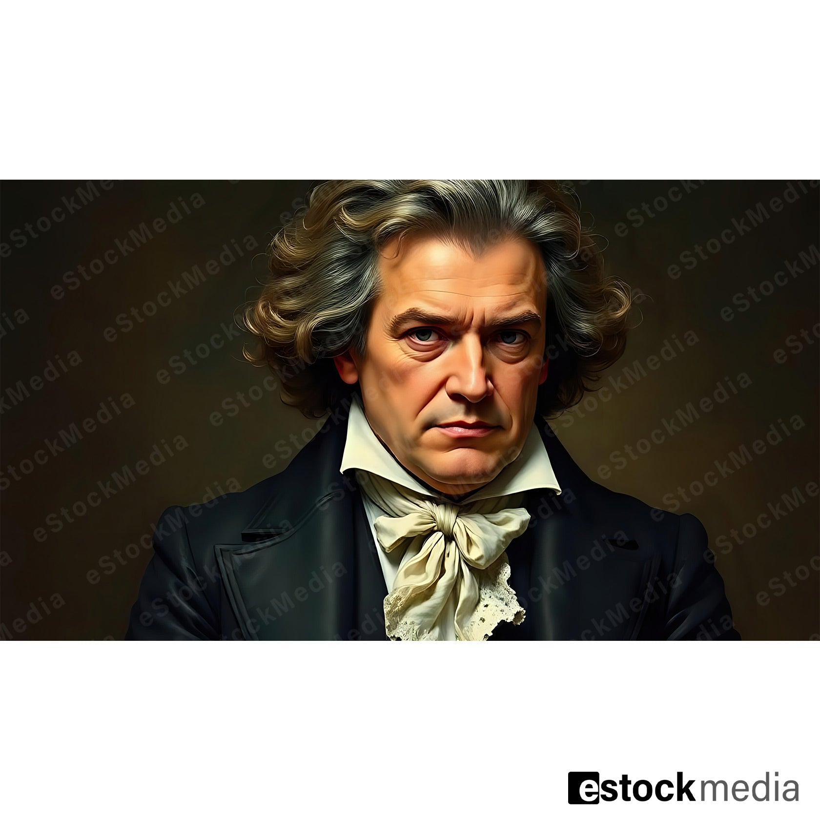 Dramatic oil painting portrait of Beethoven-like classical composer with wild wavy grey-brown hair, intense brooding gaze and white lace cravat on dark background
