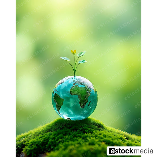 Crystal glass Earth globe with Americas, Africa and Europe in teal resting on green moss with small seedling and yellow bud growing from top on soft green bokeh background