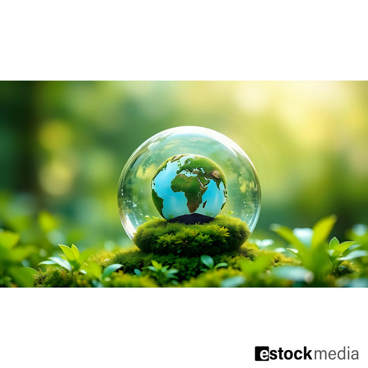 Crystal glass sphere encasing Earth globe with Africa and Europe visible resting on green moss with soft sunlight bokeh background