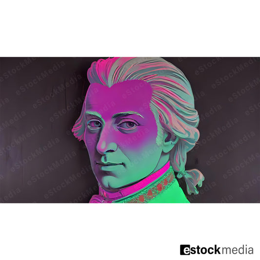 Mozart portrait with colorful gradient overlay modern art