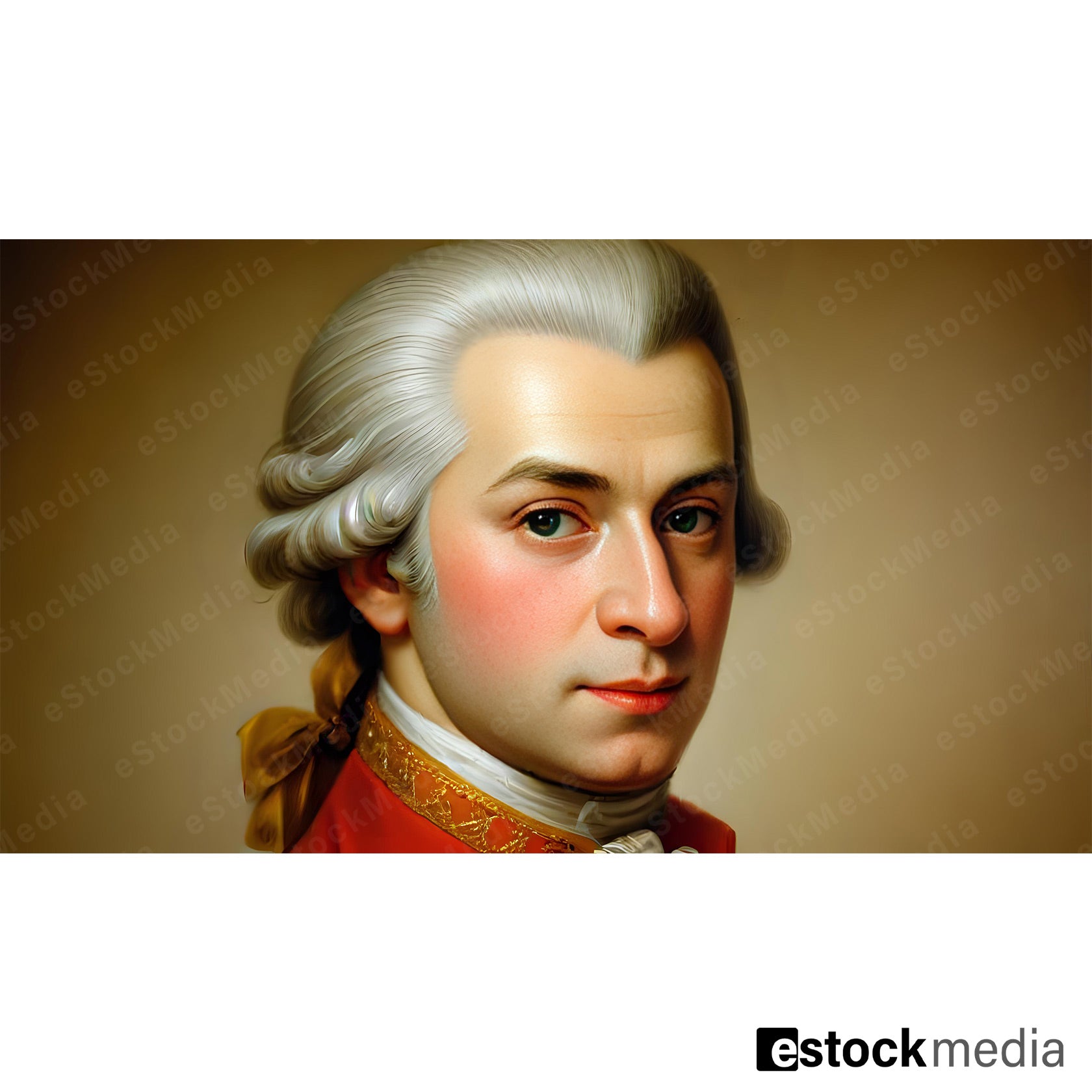 Classical oil painting portrait of Mozart-like young man with powdered white-grey wig tied with golden ribbon, rosy cheeks, red coat with gold embroidery and white lace jabot on warm beige background