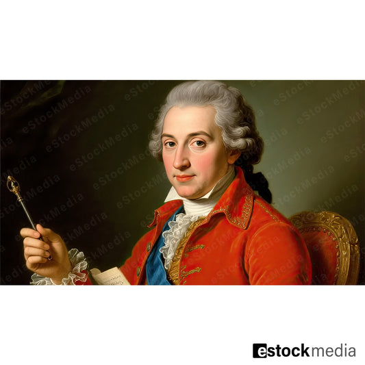Classical oil painting portrait of 18th century nobleman in red velvet coat with gold embroidery and blue sash holding golden scepter and document in gilded chair