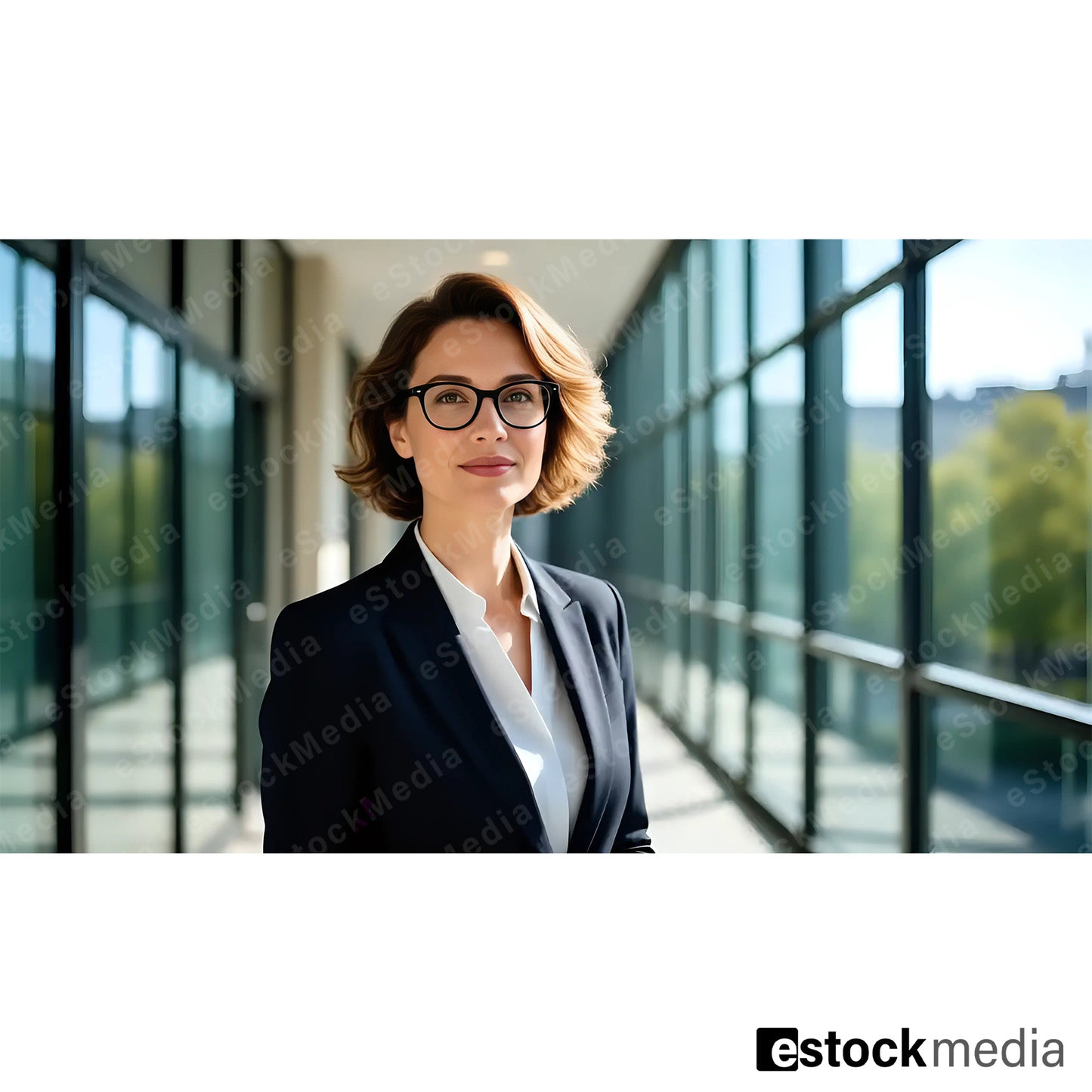 Confident professional woman in her mid-forties with short wavy auburn hair and black-rimmed glasses in dark navy blazer and open white shirt standing in sunlit modern glass office corridor