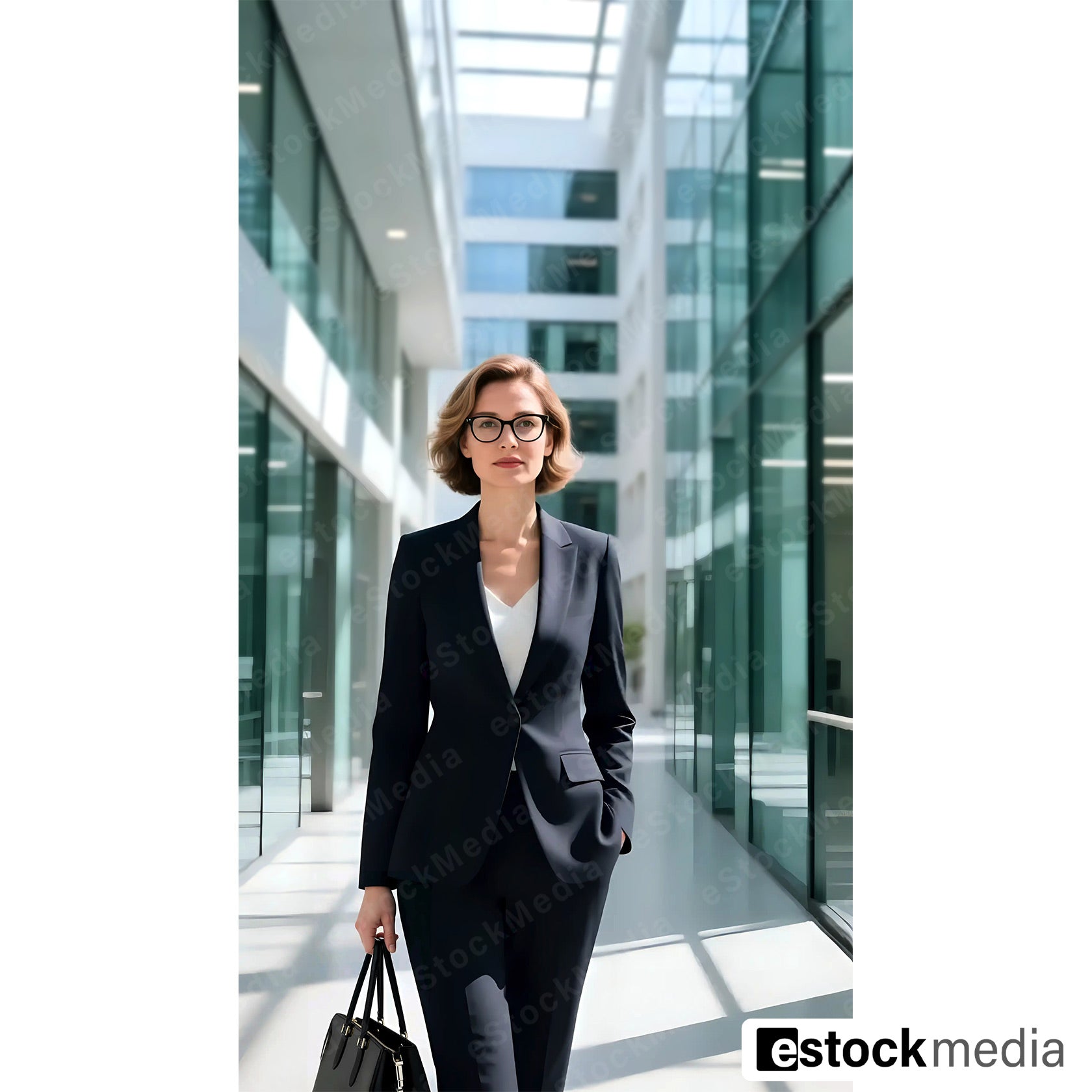 Confident businesswoman with short wavy brown hair and black glasses in dark navy blazer carrying black leather briefcase walking through sunlit modern glass office corridor