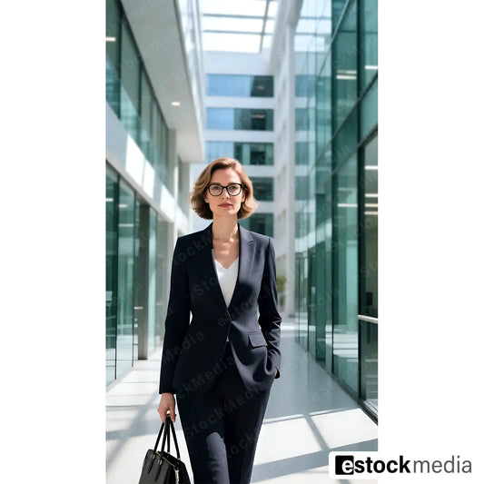 Confident businesswoman with short wavy brown hair and black glasses in dark navy blazer carrying black leather briefcase walking through sunlit modern glass office corridor