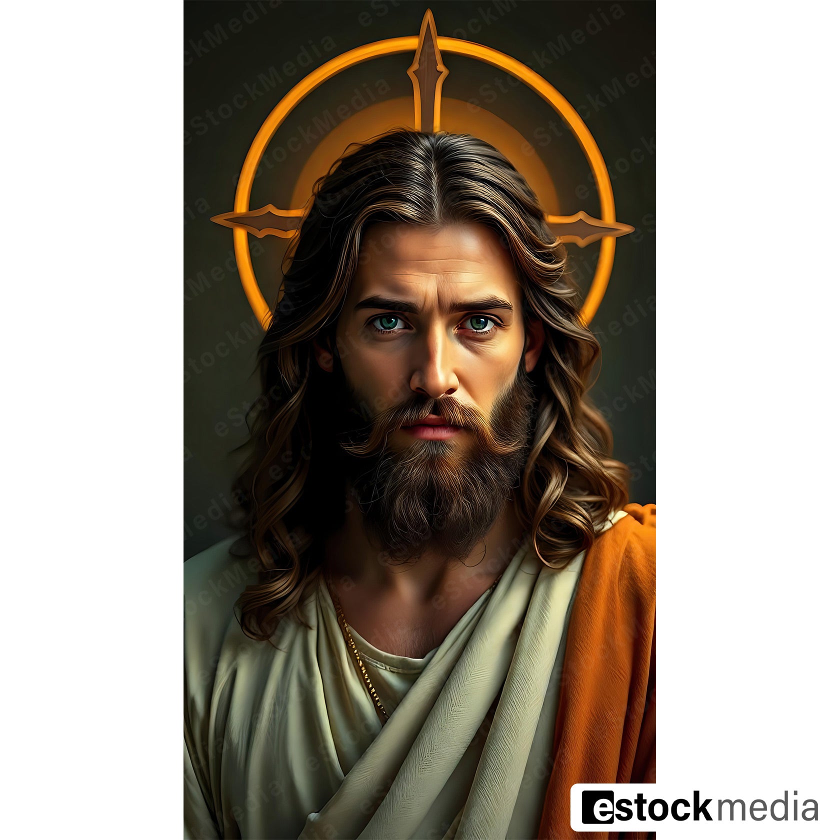 Jesus Christ modern portrait illustration with golden cross halo wearing green robe and orange mantle