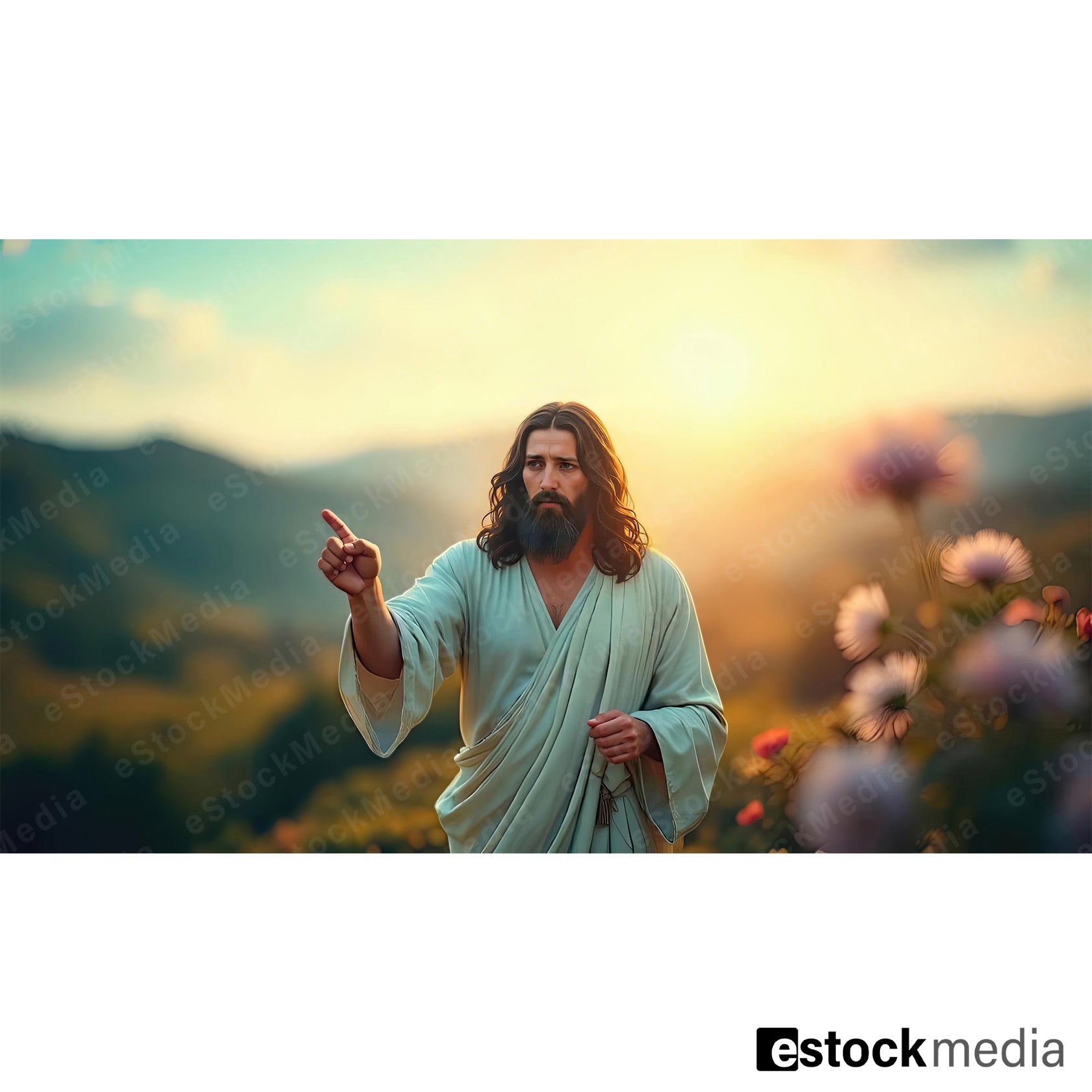 Jesus Christ modern illustration teaching in nature landscape at sunset 