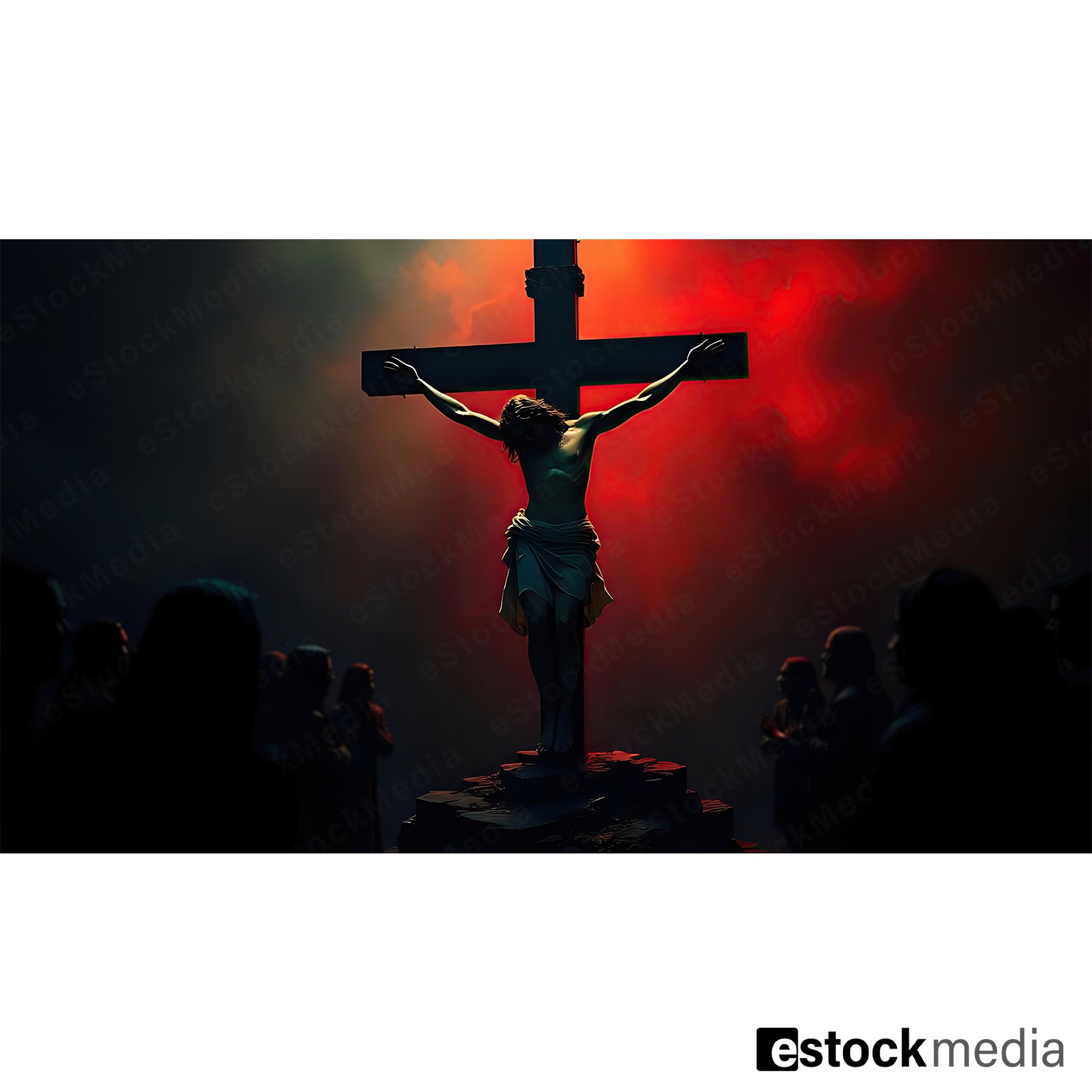 Jesus Christ crucifixion dramatic illustration with red sky and silhouettes of witnesses below