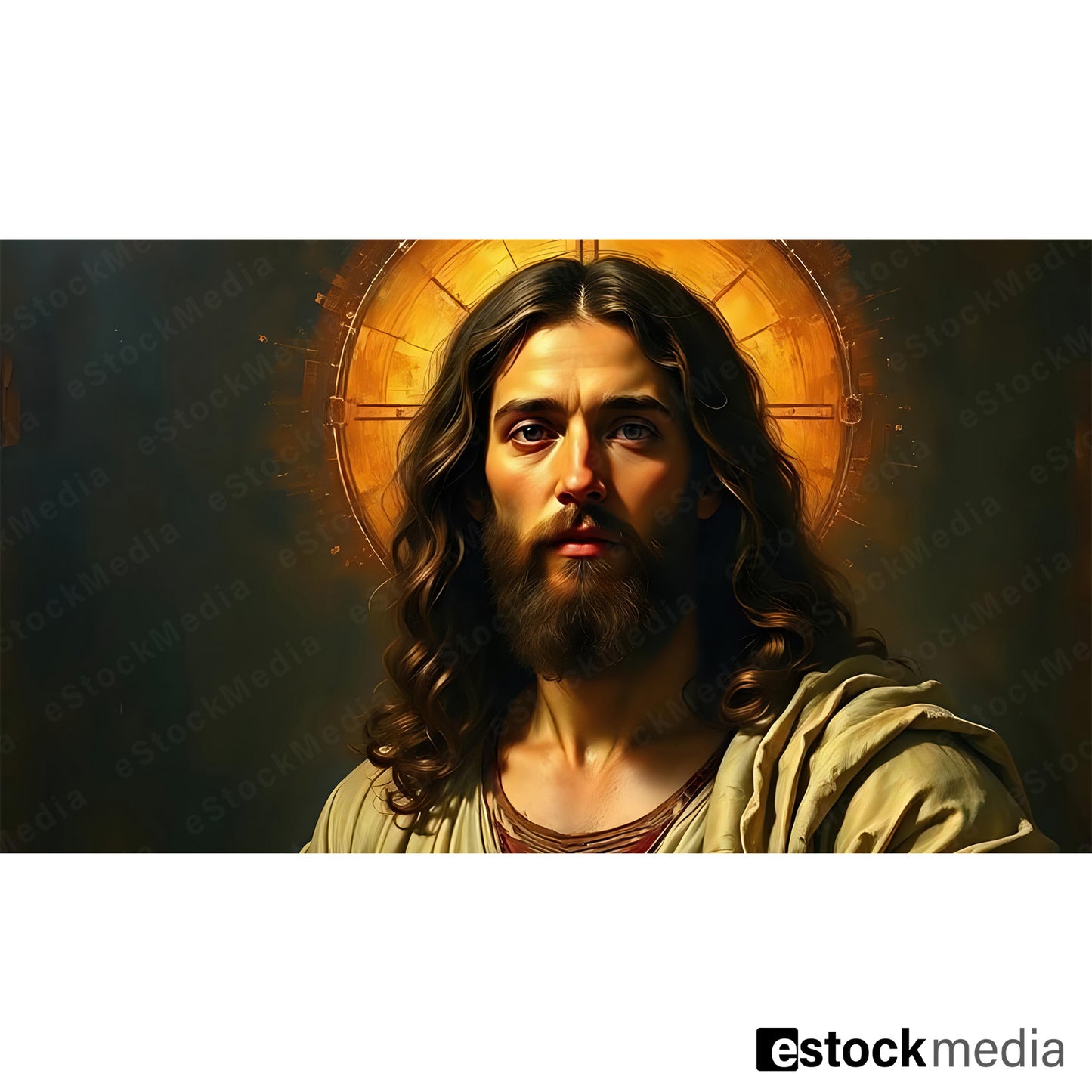 Jesus Christ modern portrait illustration with golden cross halo looking upward wearing white robe