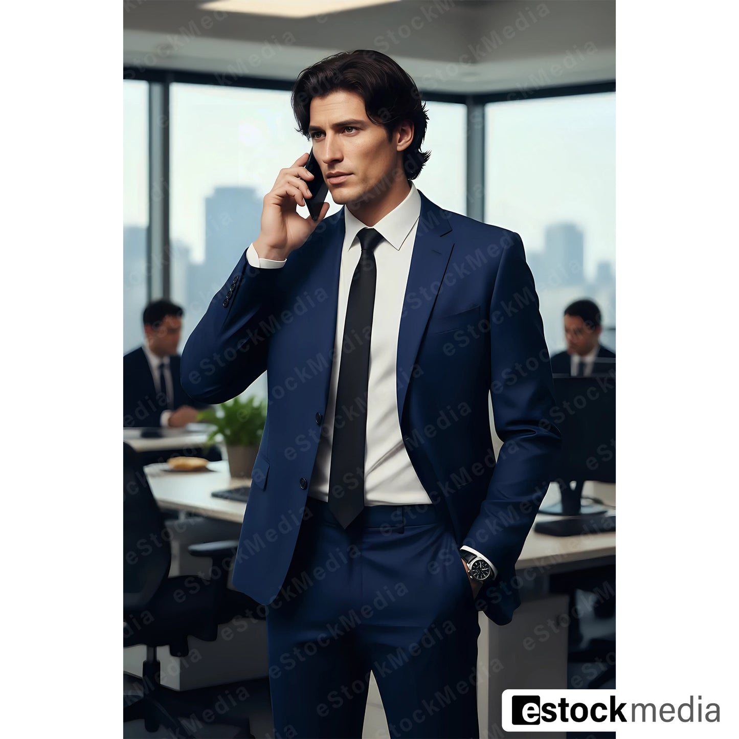 Confident young businessman with dark shoulder-length hair in navy blue suit white shirt and black tie making phone call with luxury watch on left wrist standing in modern open-plan office with panoramic city skyline view