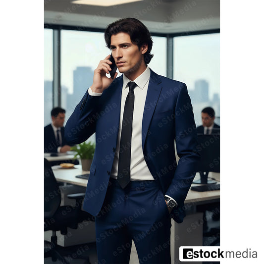 Confident young businessman with dark shoulder-length hair in navy blue suit white shirt and black tie making phone call with luxury watch on left wrist standing in modern open-plan office with panoramic city skyline view