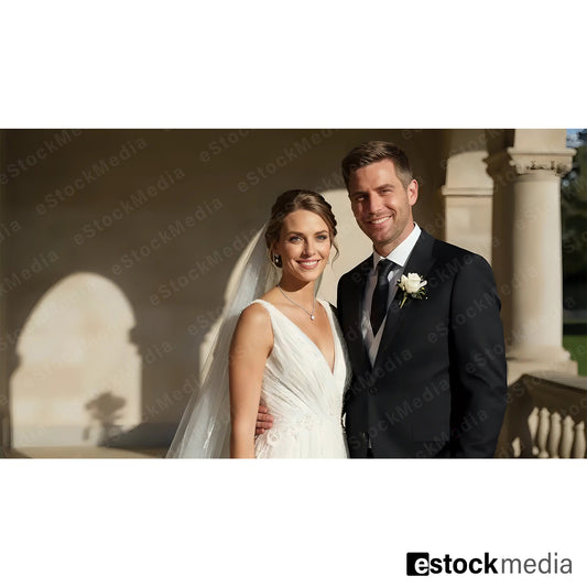 Joyful Caucasian bride in white V-neck wedding gown with veil standing beside groom in navy blue suit with white boutonniere outdoors