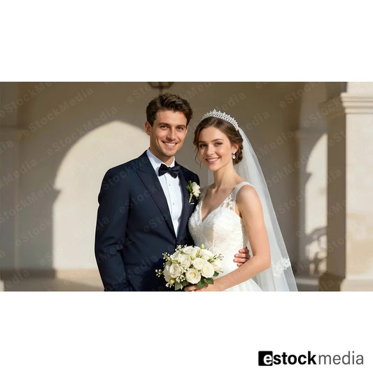 Elegant Caucasian bride in white lace wedding gown with tiara and veil holding white flower bouquet standing beside groom in navy blue tuxedo
