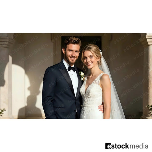 Romantic Caucasian bride in white lace V-neck wedding gown with veil and blonde updo standing beside groom in navy blue tuxedo outdoors