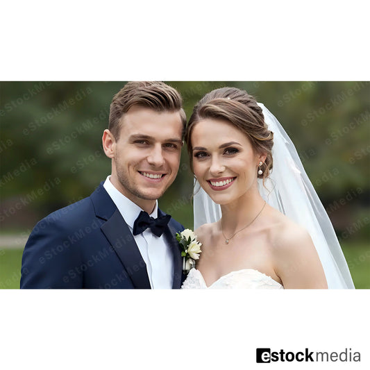 Joyful Caucasian bride in white strapless wedding gown with veil and elegant updo standing beside smiling groom in navy blue tuxedo outdoors