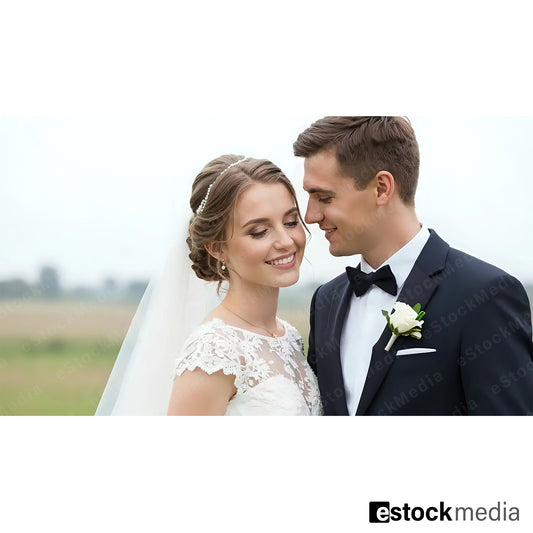 Intimate Caucasian bride in white lace wedding gown with veil and elegant updo sharing romantic moment with groom in navy blue tuxedo outdoors