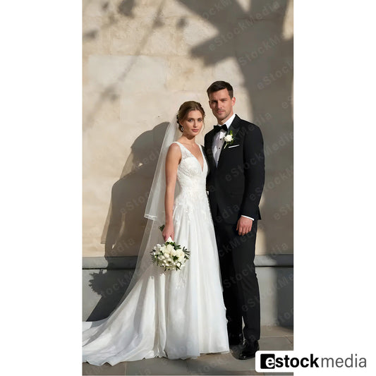Elegant Caucasian bride in white V-neck wedding gown with flowing train and veil holding white flower bouquet standing beside groom in black tuxedo with dramatic shadows