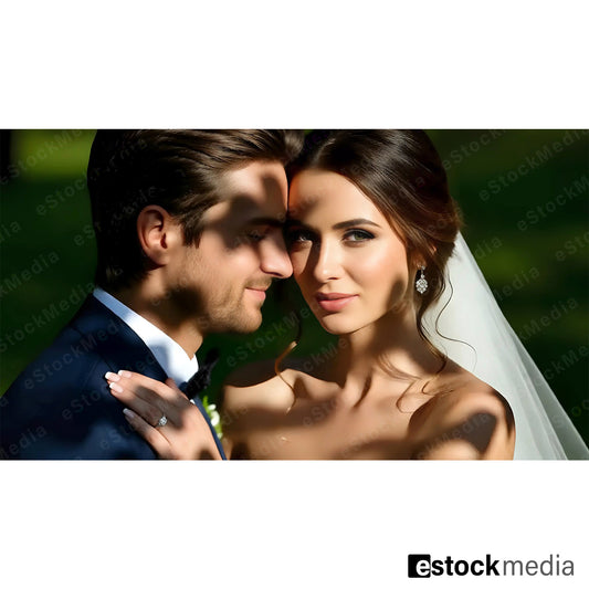 Intimate Caucasian bride in white strapless wedding gown with veil and elegant updo sharing romantic moment with groom in navy blue suit outdoors with natural light