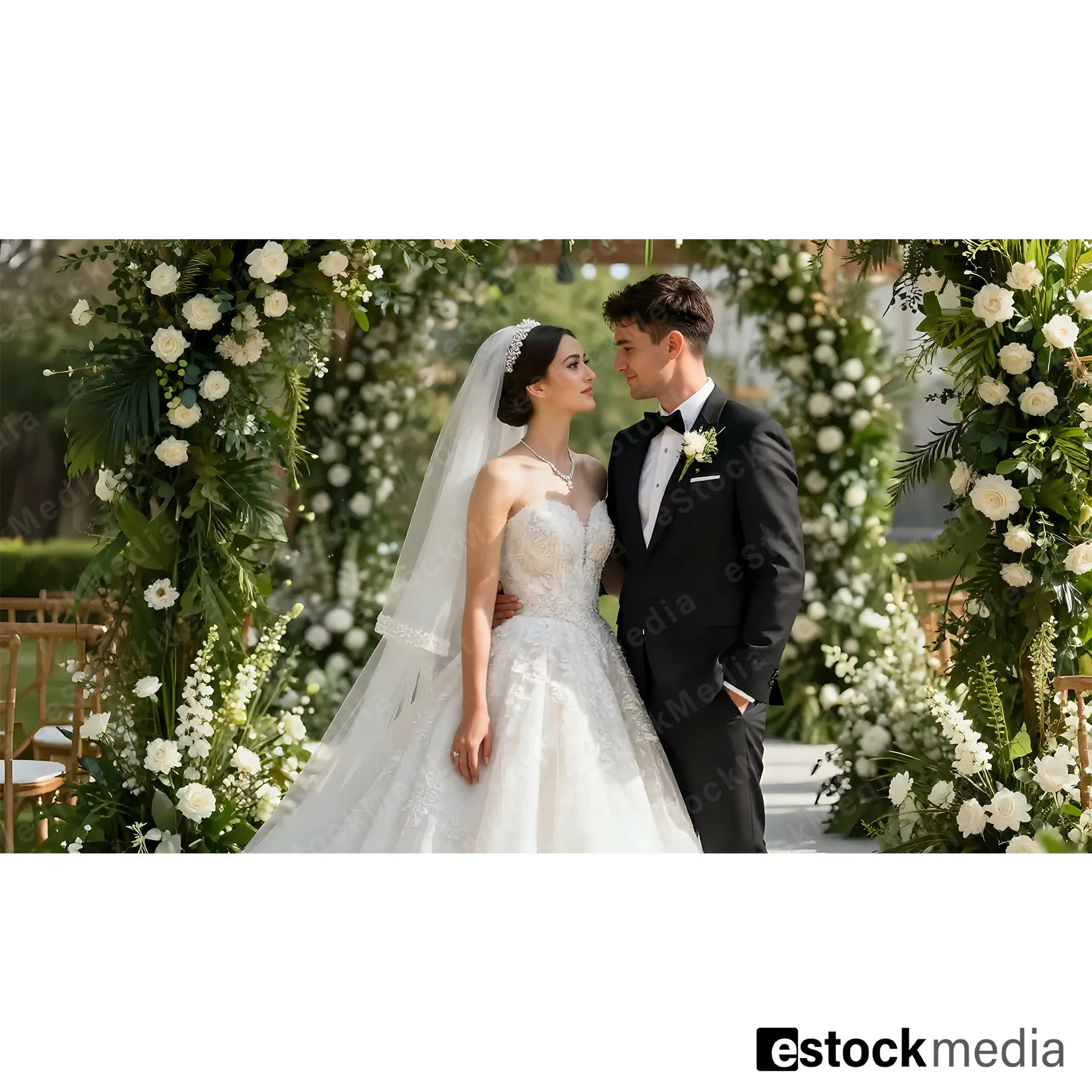 Caucasian bride in white strapless wedding gown with veil and groom in black tuxedo standing under floral arch with white roses and greenery outdoors