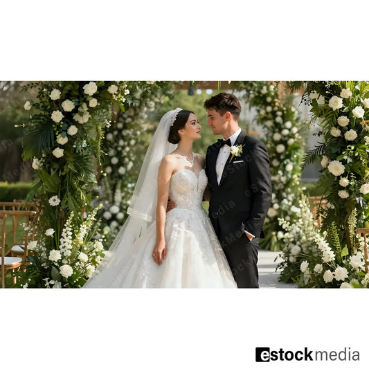 Caucasian bride in white strapless wedding gown with veil and groom in black tuxedo standing under floral arch with white roses and greenery outdoors