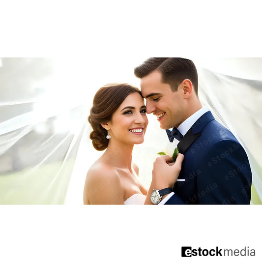 Joyful Caucasian bride in white strapless wedding gown with elegant updo and veil sharing happy moment with smiling groom in navy blue tuxedo outdoors