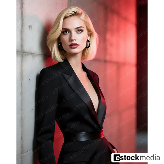 Confident blonde woman in black tailored blazer with plunging neckline and belt standing against modern architectural background with red lighting