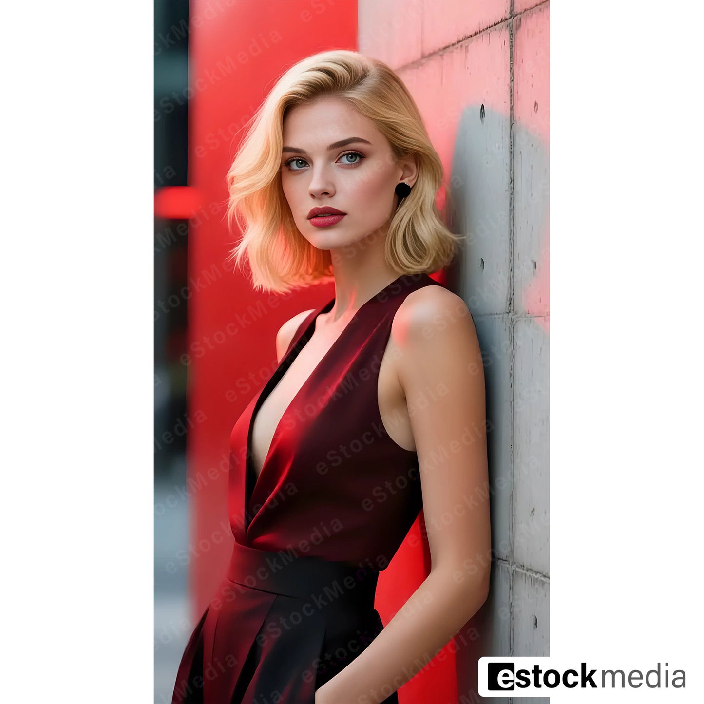 Elegant blonde woman in burgundy sleeveless wrap top with plunging neckline leaning against modern concrete wall with red lighting