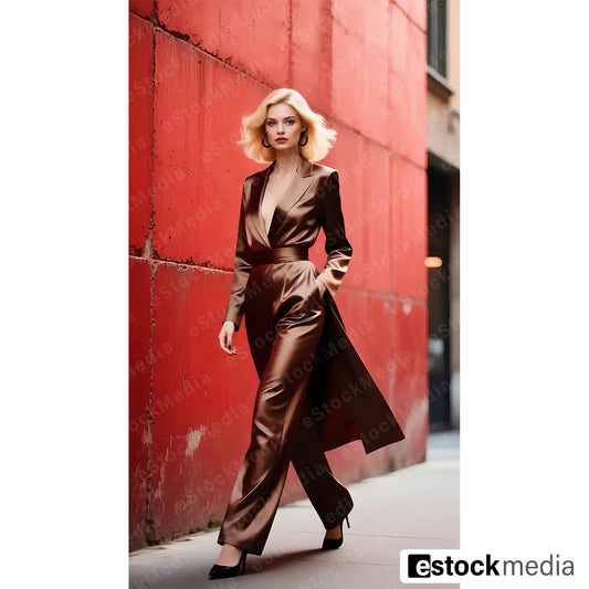 Confident blonde woman in metallic bronze long coat with belt and matching wide-leg pants walking on urban street with red wall background