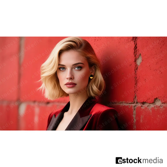 Elegant blonde woman in burgundy blazer with black lapels and plunging neckline against red urban wall background