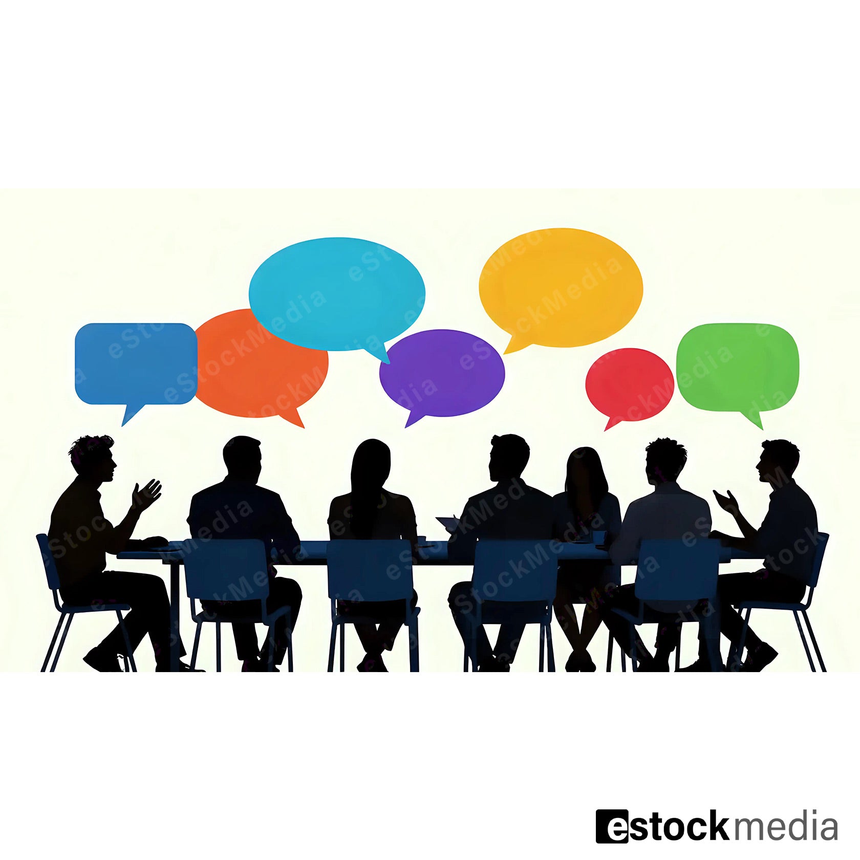 Seven business professionals in silhouette sitting at long conference table with six colorful speech bubbles in blue orange teal purple red and green floating above on cream background