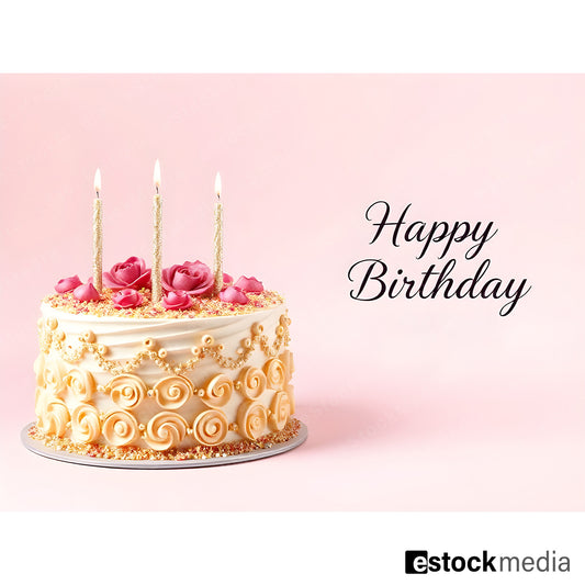 Happy Birthday cake with cream frosting, pink roses and golden glitter candles