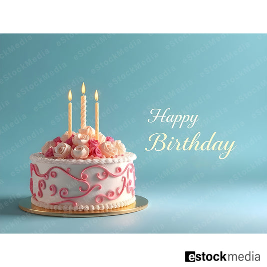 Happy Birthday cake with white frosting, pink decorations, roses and golden candles
