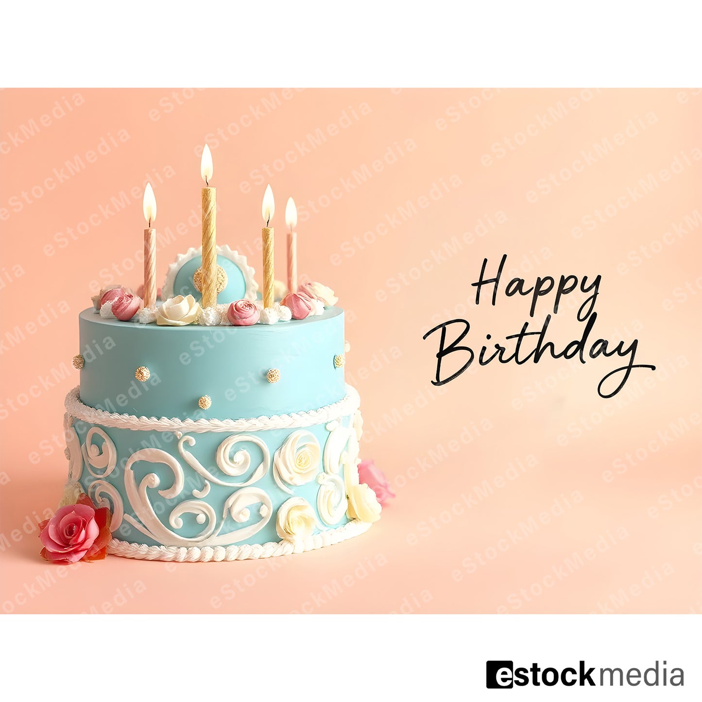 Happy Birthday two-tier cake with turquoise frosting, roses and golden candles