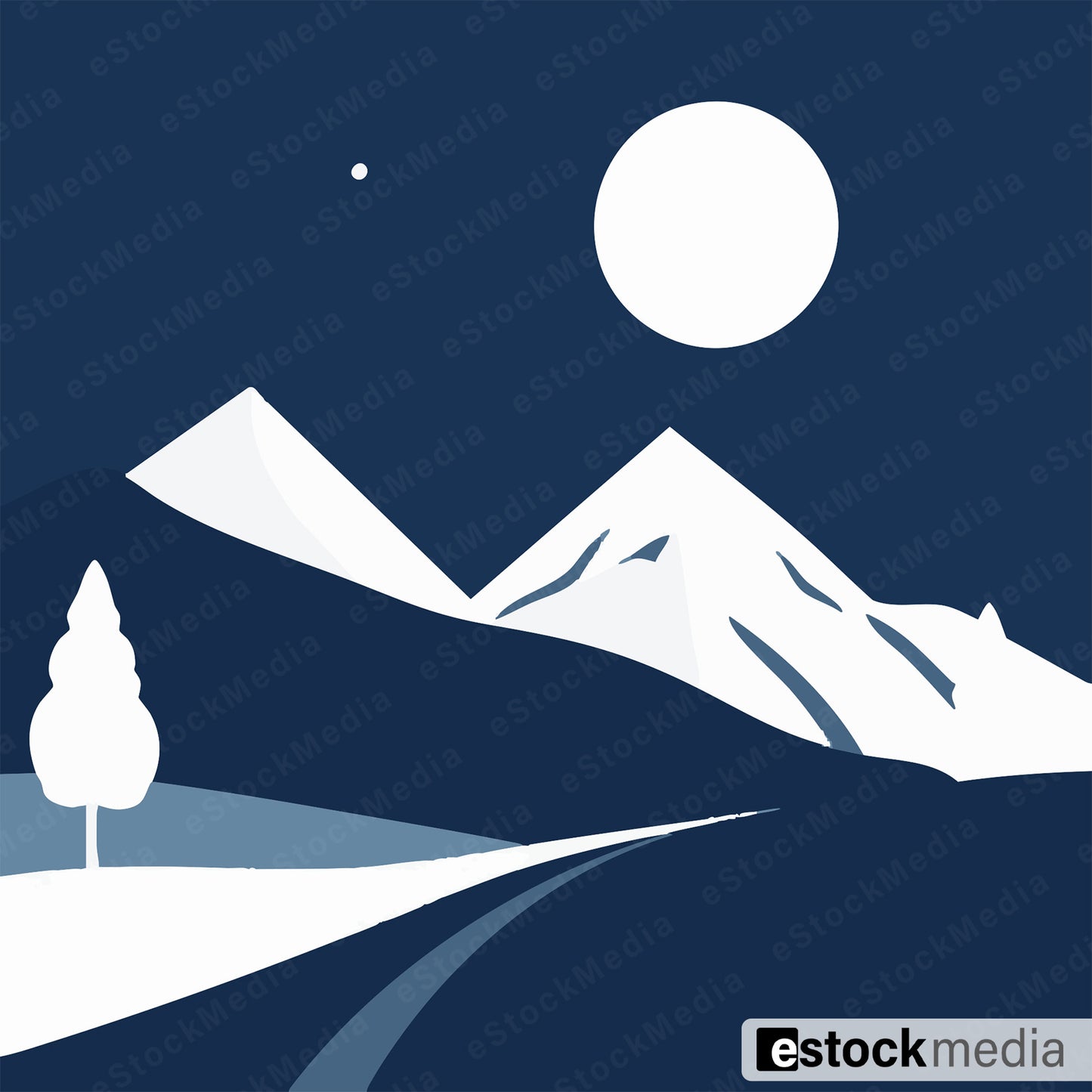 Minimalist vector illustration of snowy mountain peaks at night with full moon, lone tree, and winding path in winter landscape
