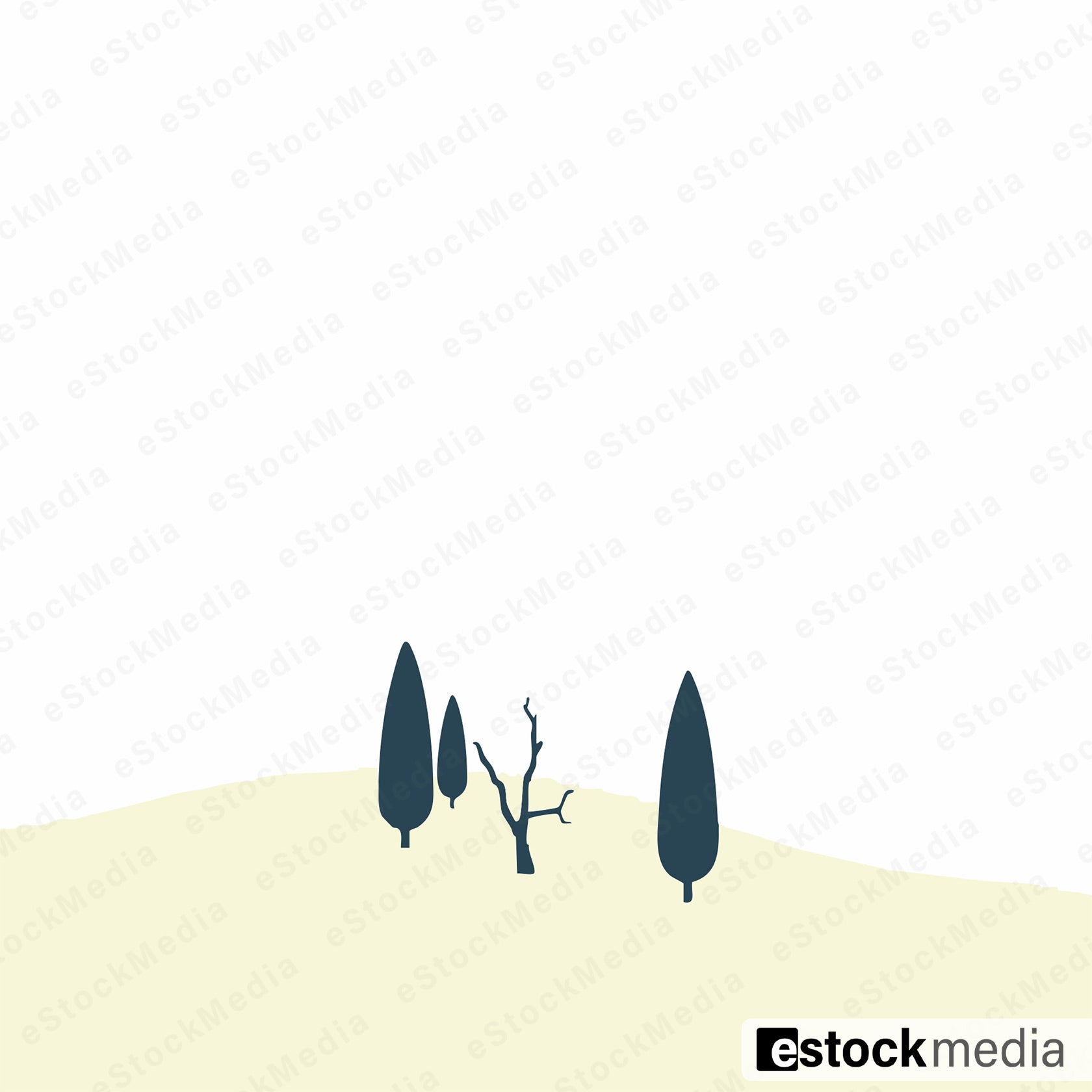 Minimalist vector illustration of cypress trees and bare tree on gentle hill with soft pastel sky