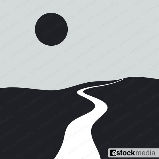 Minimalist vector illustration of winding white path through dark rolling hills with black sun in pale sky