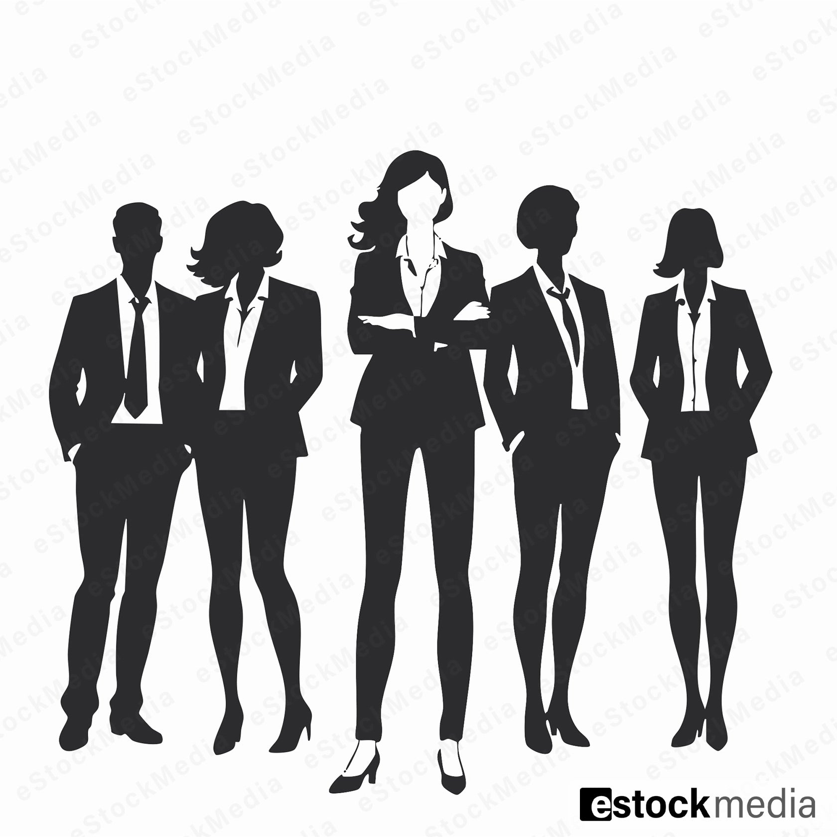 Vector illustration of five professional business people silhouettes in suits standing confidently with leader in center