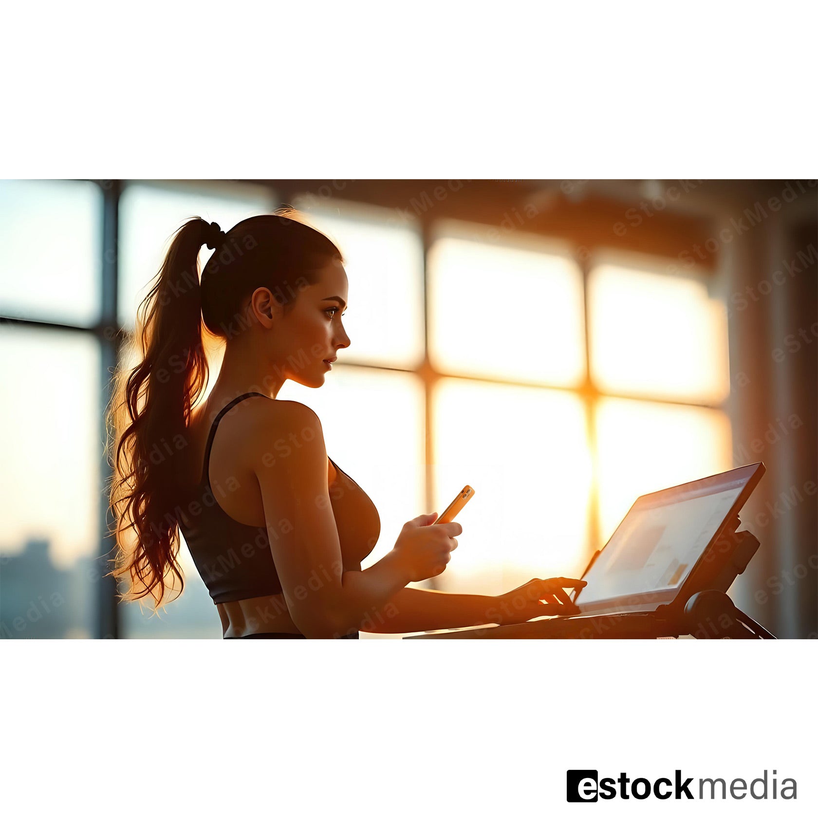 Fit woman with long dark ponytail in black sports bra using treadmill touchscreen and holding stylus in golden-lit gym