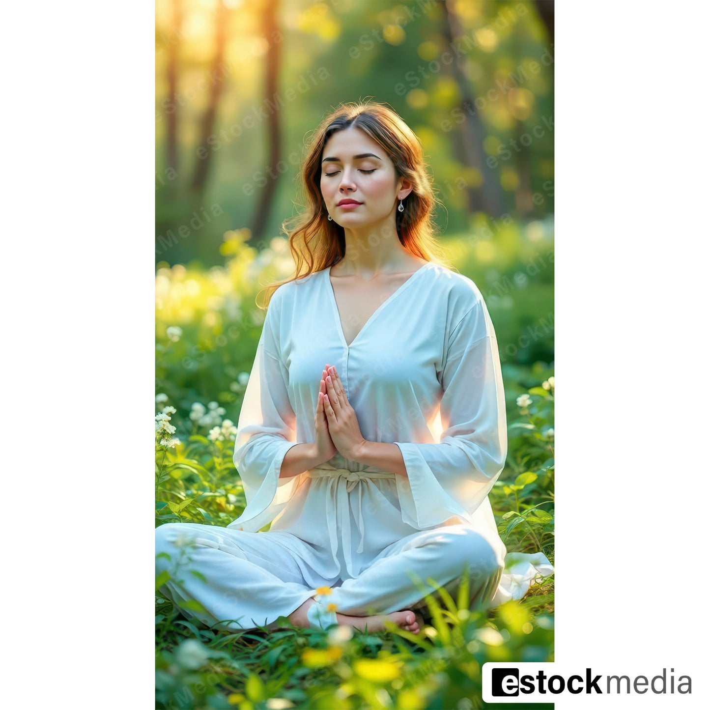 Young woman with auburn wavy hair in white flowing outfit meditating with namaste hands in sunny green forest meadow