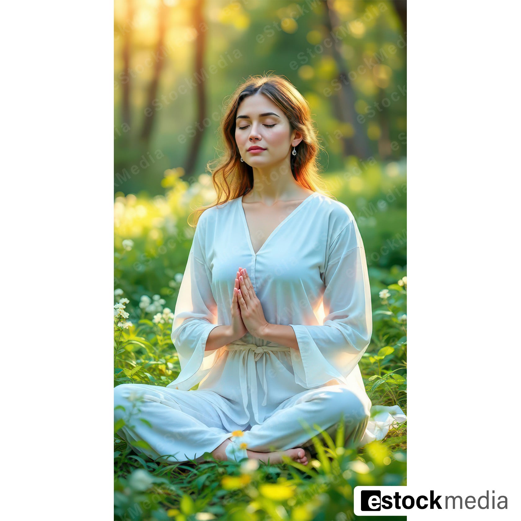 Young woman with auburn wavy hair in white flowing outfit meditating with namaste hands in sunny green forest meadow