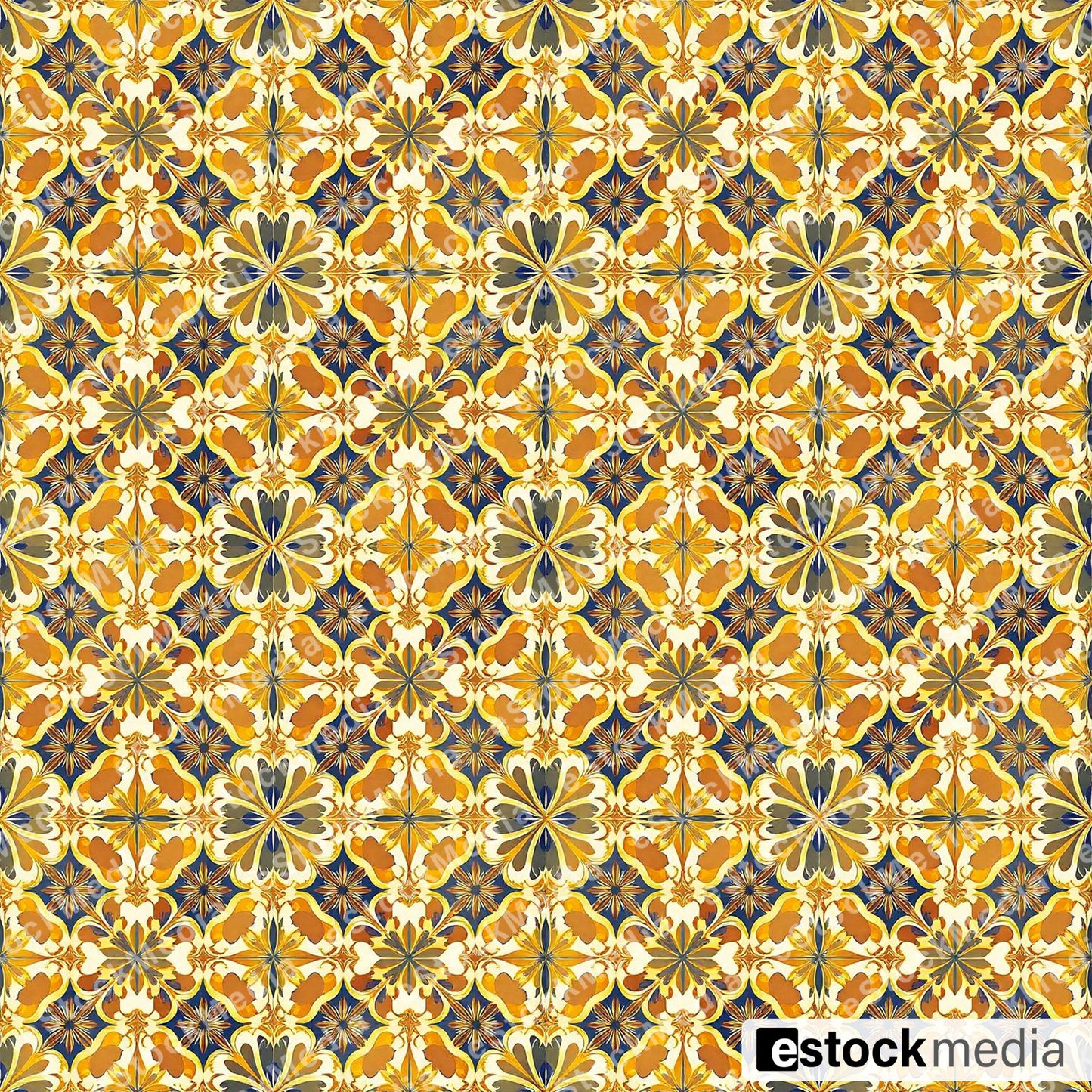 Seamless ornamental pattern with golden yellow and orange Art Nouveau scrollwork featuring star-shaped floral medallions on navy blue background