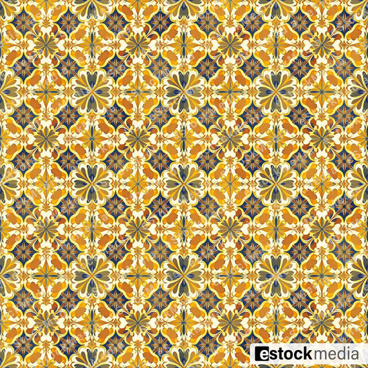 Seamless ornamental pattern with golden yellow and orange Art Nouveau scrollwork featuring star-shaped floral medallions on navy blue background