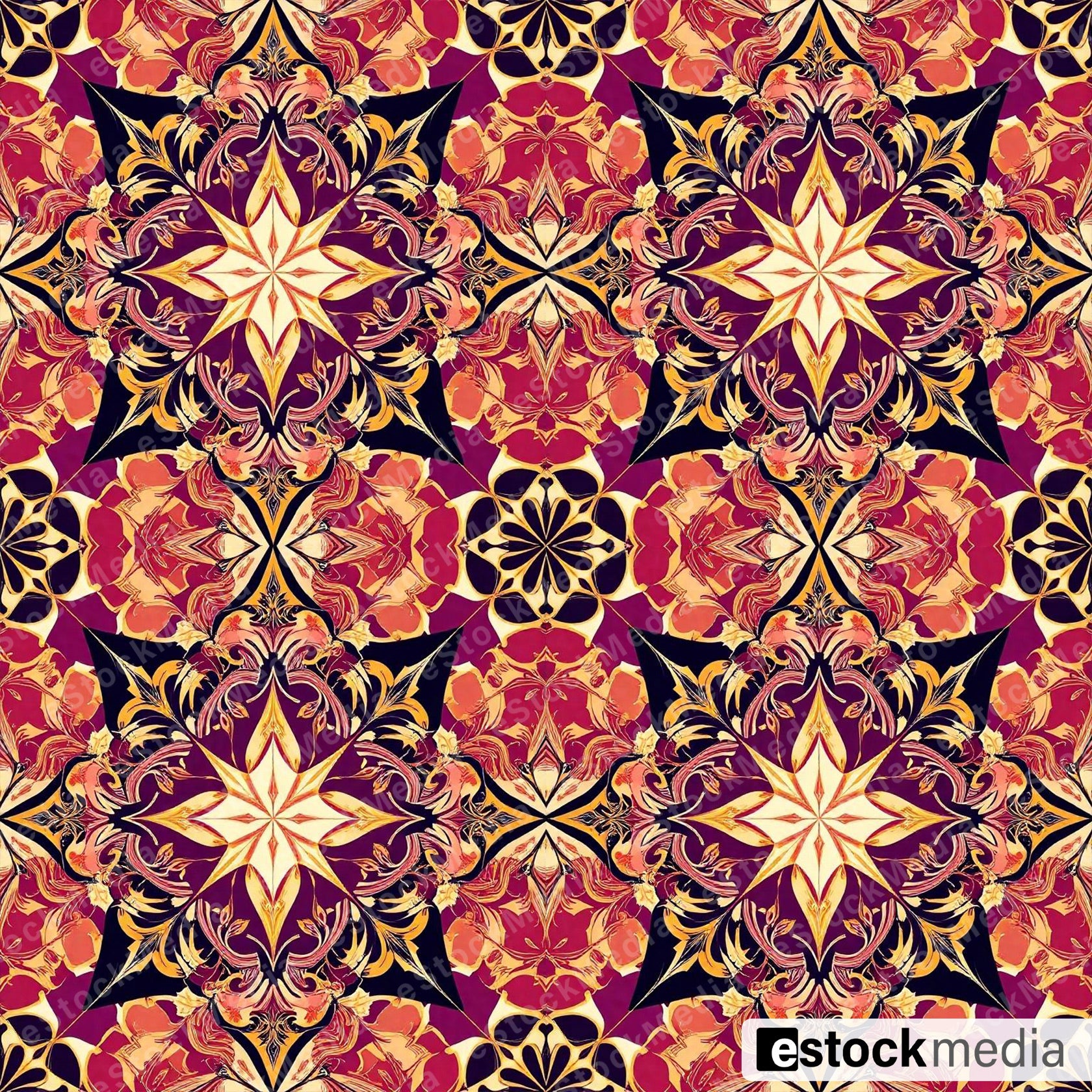 Seamless ornamental pattern with golden yellow and coral pink Art Nouveau scrollwork featuring star-shaped floral medallions on burgundy and navy background